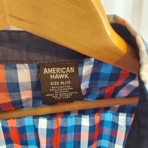 American Hawk Button Down Short Sleeve Plaid Shirt Boy's Size 7 - Picture 3 of 4